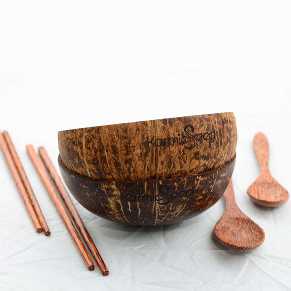Coconut Bowl Set, Handmade (2 bowls, 2 spoons, 2 chopstick sets))